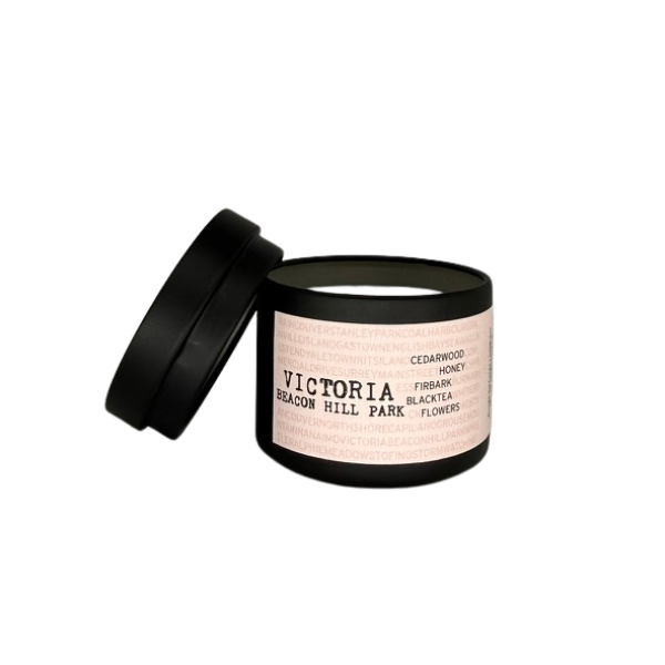 Victoria Beacon Hill Park 2oz single soy candle by Ollie & Co. with honey, freesia, Grasse rose, fir bark, cedarwood.