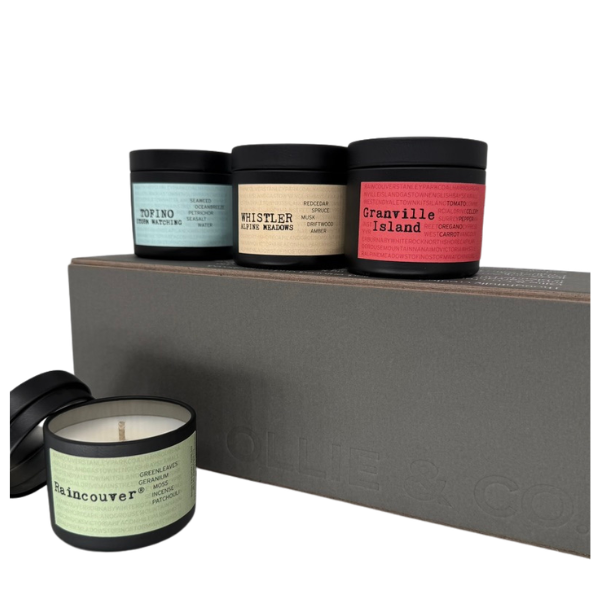 Raincouver® Collection 2oz candle gift set of 3 by Ollie & Co. — Raincouver®, Tofino Storm Watching, Whistler Alpine Meadows and Granville Island candles beside the custom Ollie & Co. gift box.