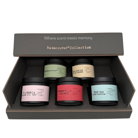Raincouver Collection 2oz candle gift set of 5 by Ollie & Co. — Raincouver, Granville Island, Tofino, Whistler and Victoria scents in a custom box.