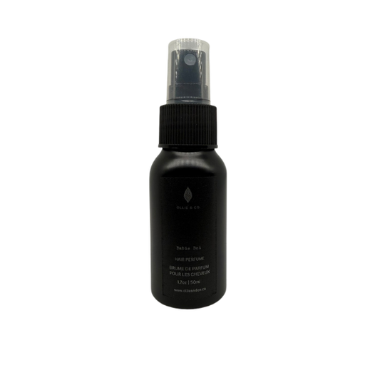 Hair Perfume by Ollie & Co. with Babie Boi (musk, baby powder, muguet); HK Iced Tea (lemon, citrus, Earl Grey, black tea); Me Time (eucalyptus, rosemary, sage).